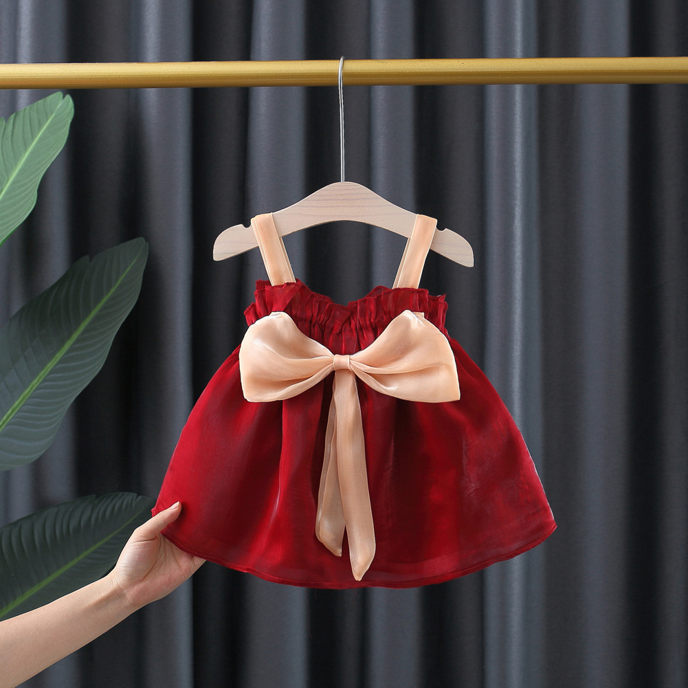 Girls Summer Sleeveless Dress Fashion Bowknot Princess Cute Sling Mesh Dress For 1-3 Years Old Children red CM: 80