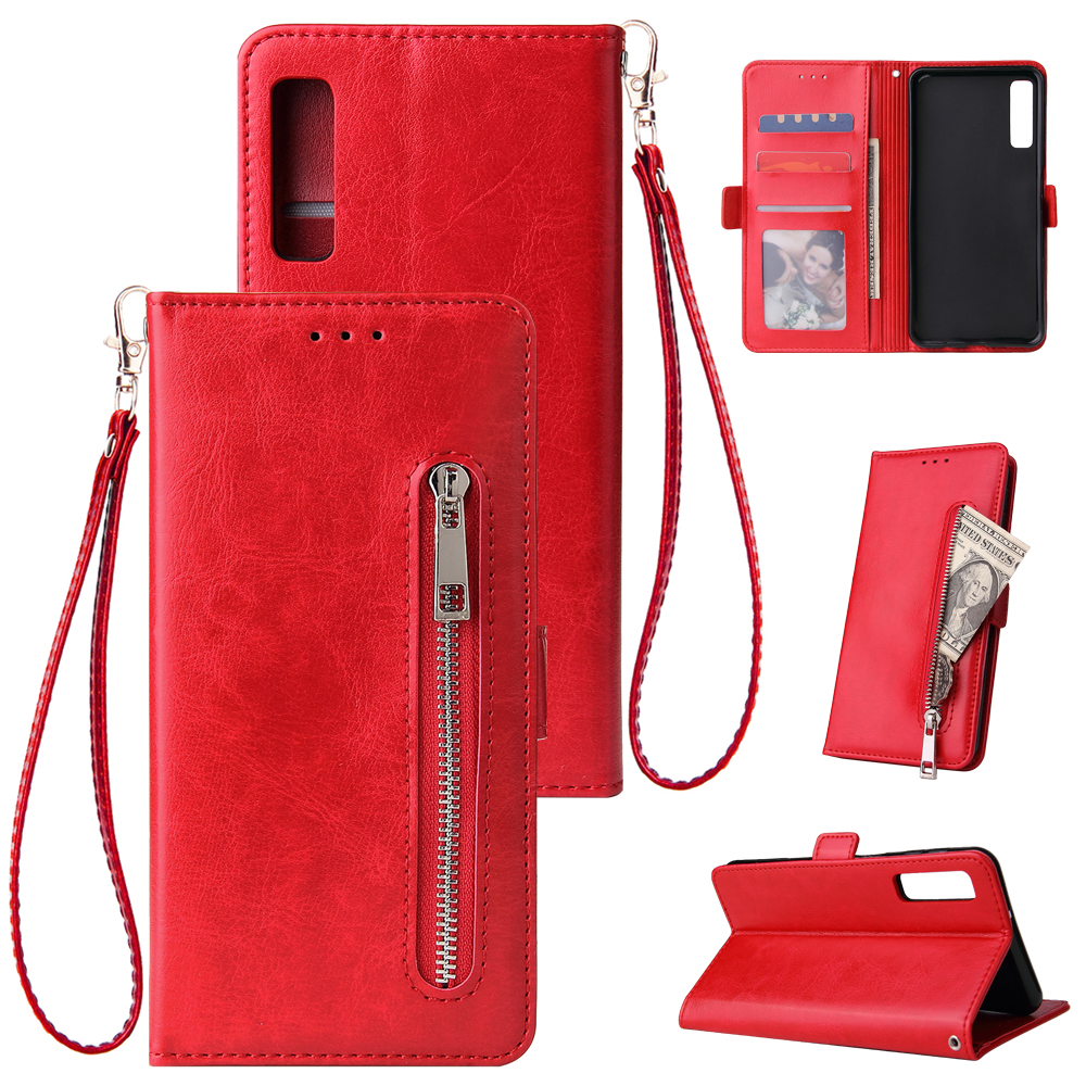 For Samsung A7 2018-A750 Solid Color PU Leather Zipper Wallet Double Buckle Protective Case with Stand & Lanyard red