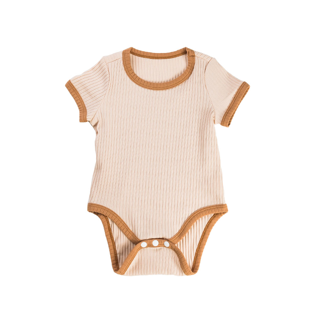 Baby Short Sleeves Bodysuit Round Neck Contrast Color Romper For 0-3 Years Old Boys Girls light khaki 3-6M 66