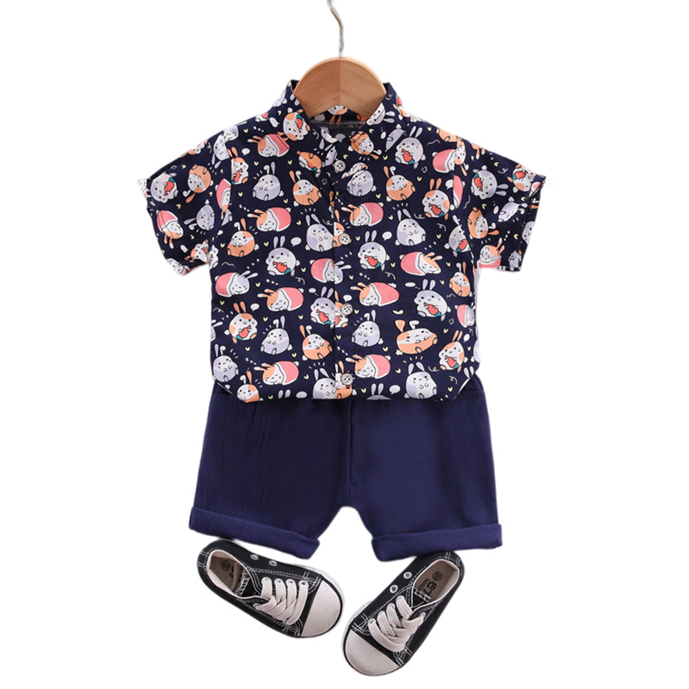 Kids Boys Short-sleeve Suit Rabbit Print Single Breasted T-shirt Shorts Two-piece Set Summer Casual Outfits black 3-4Y 110cm