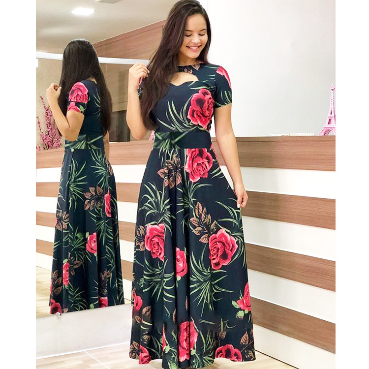 Women Short Sleeves Dress Fashion Floral Digital Printing Large Swing Long Skirt Summer Round Neck Large Size Dress A short sleeve M