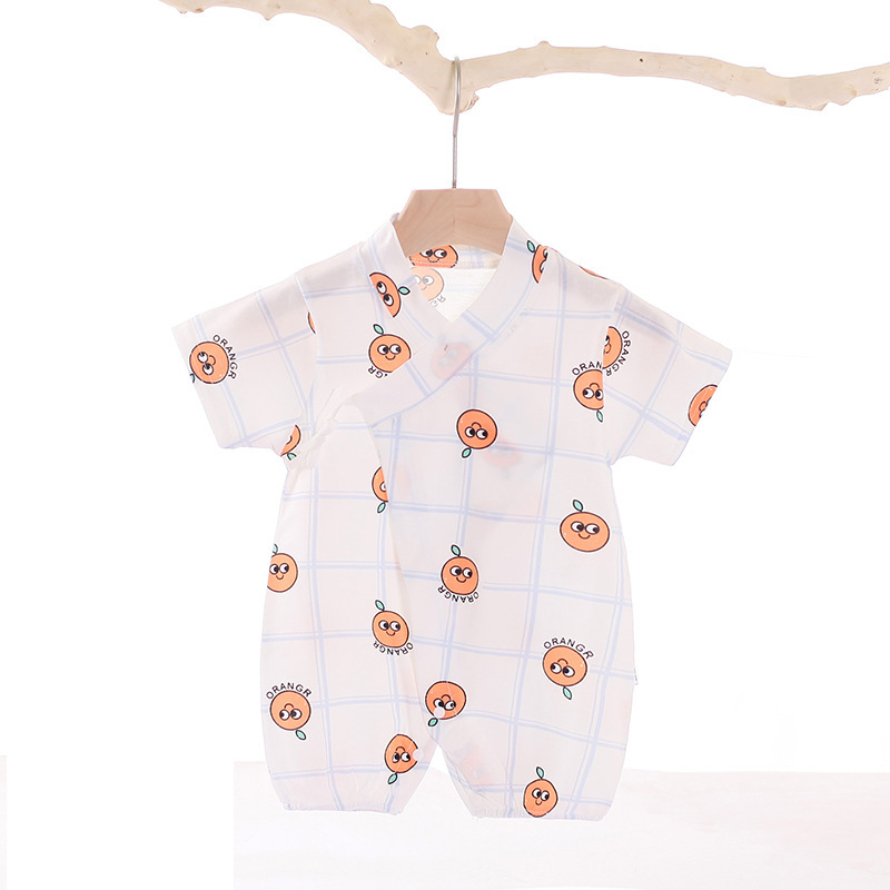 Boys Girls Short Sleeves Romper Summer Cotton Slanted Lace-up Breathable Jumpsuit For 0-3 Years Old Kids orange 2-3Y 80cm