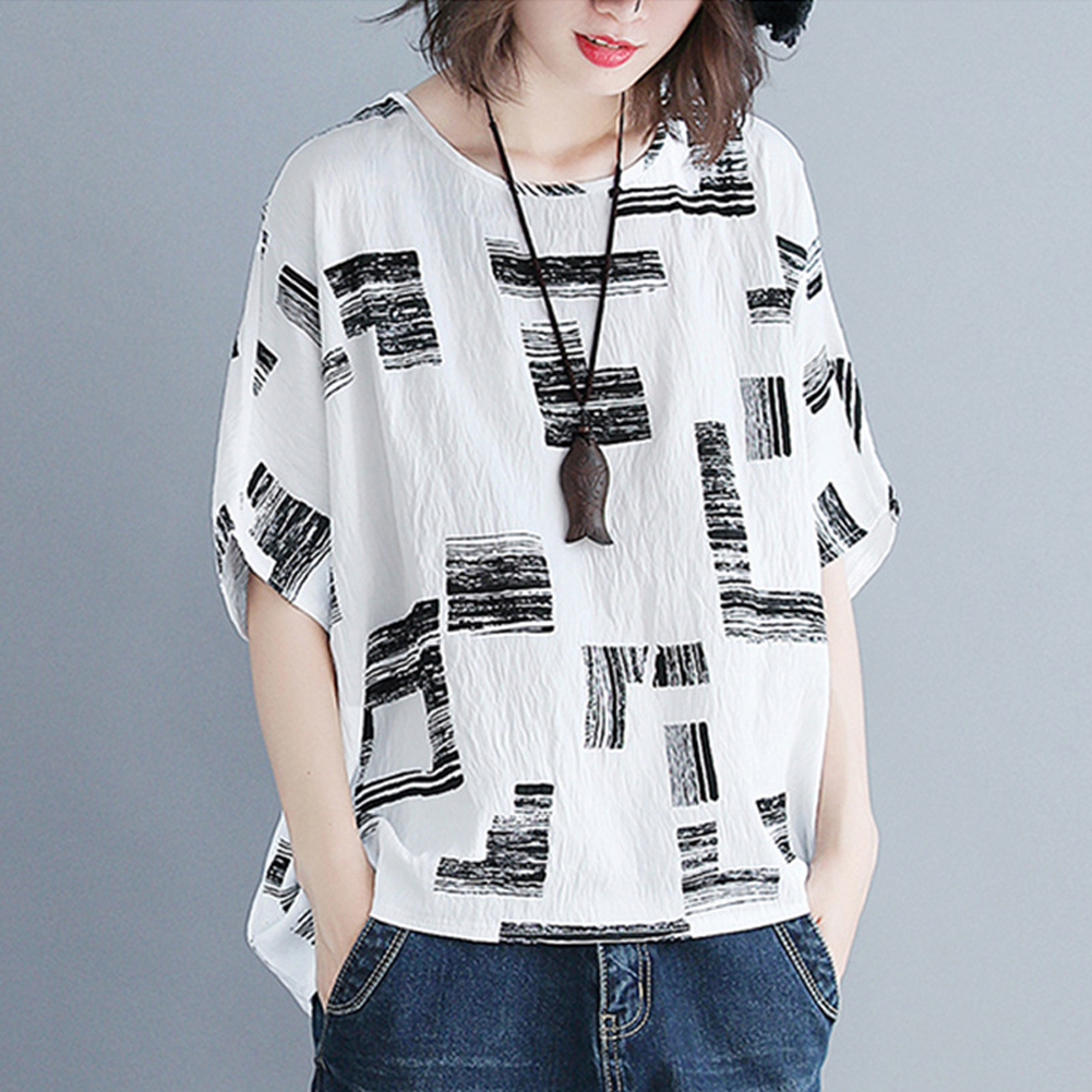 Women Large Size T-shirt Summer Short Sleeves Trendy Retro Printed Blouse Loose Casual Round Neck Tops White XL