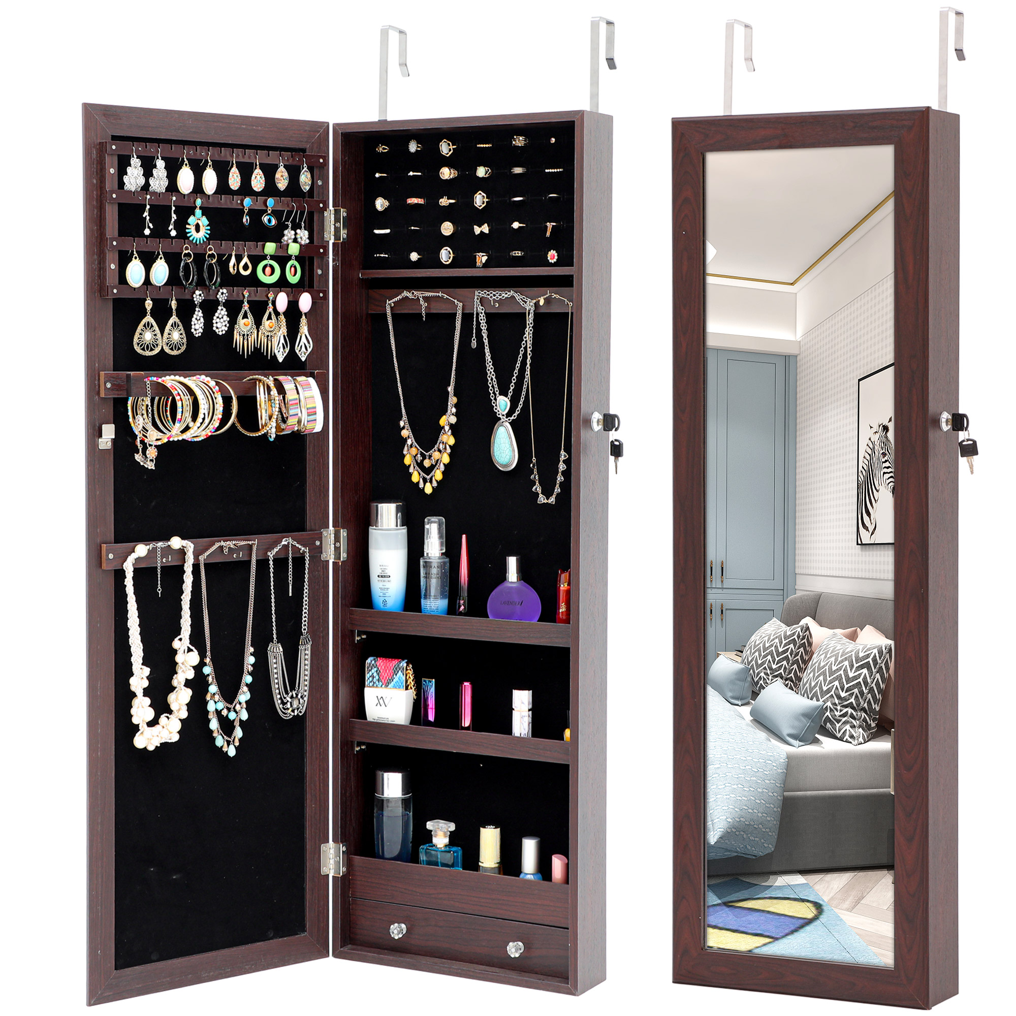 [US Direct] Fashion Simple Jewelry Storage Mirror Cabinet Can Be Hung On The Door Or Wall