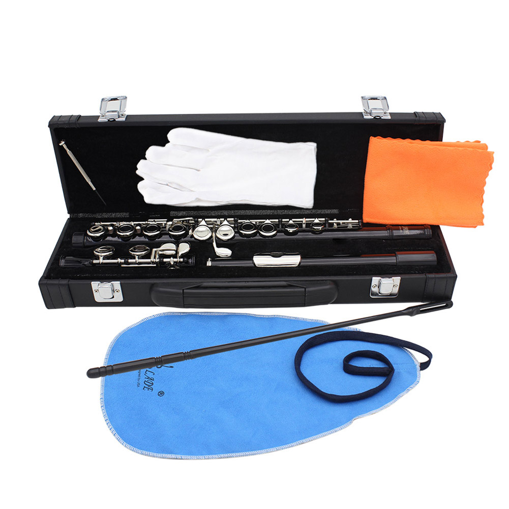 16-Hole Concert Flute Set C Key Woodwind Instrument with Gloves Mini Screwdriver Padded Case black