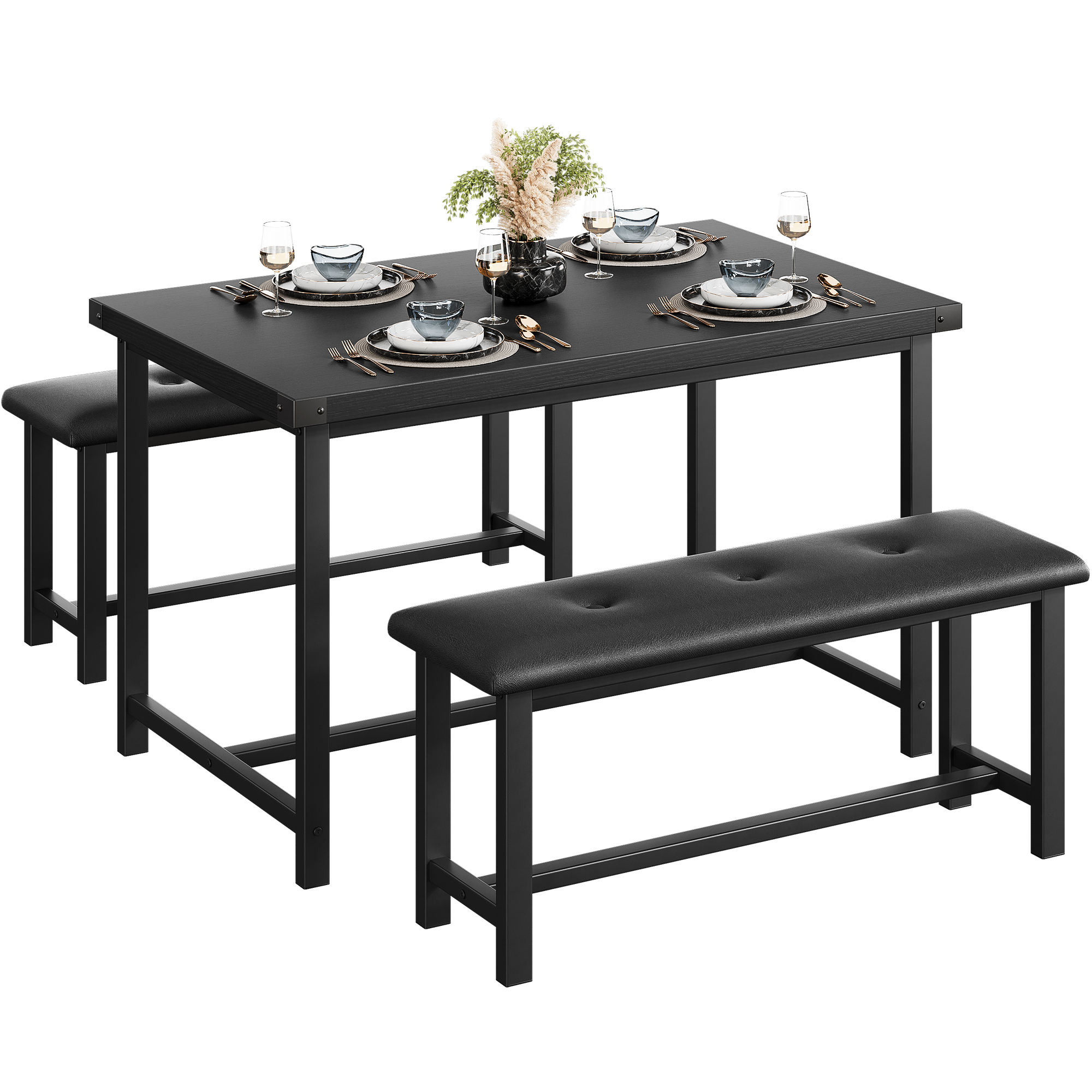 US GARVEE Dining Table Set for 4 with Benches, Sturdy MDF & Steel Frame, Space-Saving Design, Easy Assembly, Retro Black