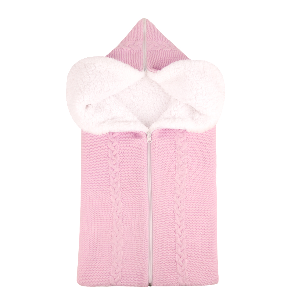 Bunting Bag Outdoor Wool Knitted Thick Warm Blanket Multifunctional Sleeping Bag for Infants and Newborns light pink