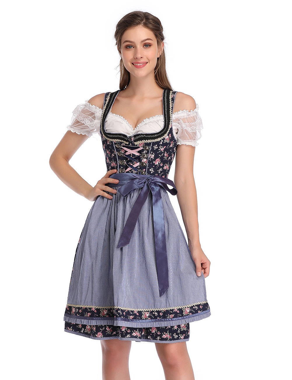 EU KOJOOIN Oktoberfest Women's Vintage Floral German Dirndl Dress 3 Piece Set Blue 42
