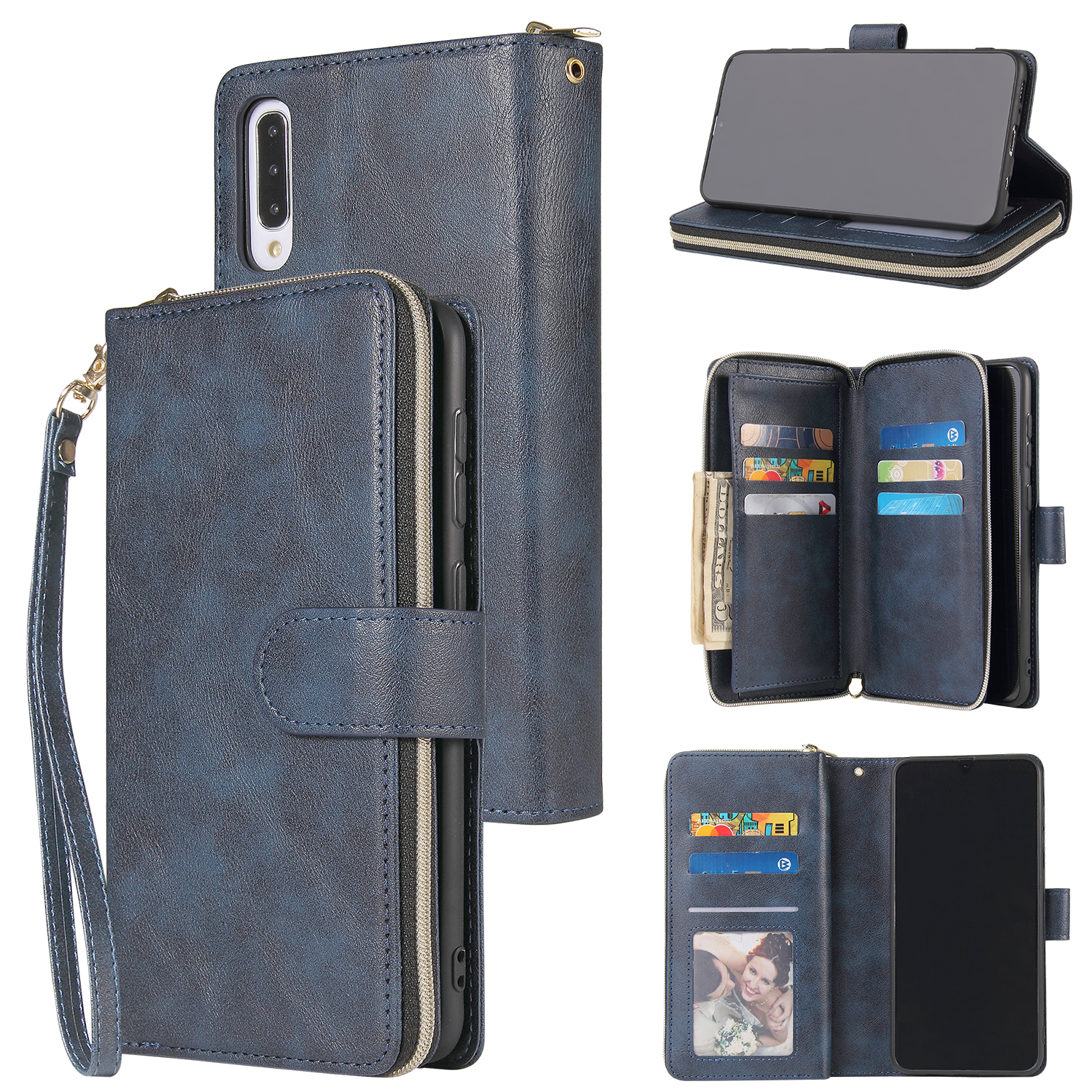 For Samsung A10/A20/A30/A50/A30S/A50S Pu Leather  Mobile Phone Cover Zipper Card Bag + Wrist Strap blue