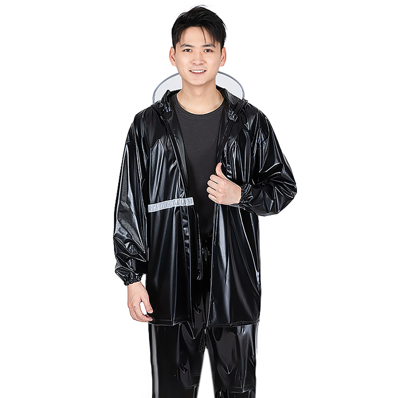 2 Pieces Split Raincoat Long Sleeve Drawstring Cap Raincoat Top With Reflective Tape Pockets Long Rain Pants For Camping Hiking A XL