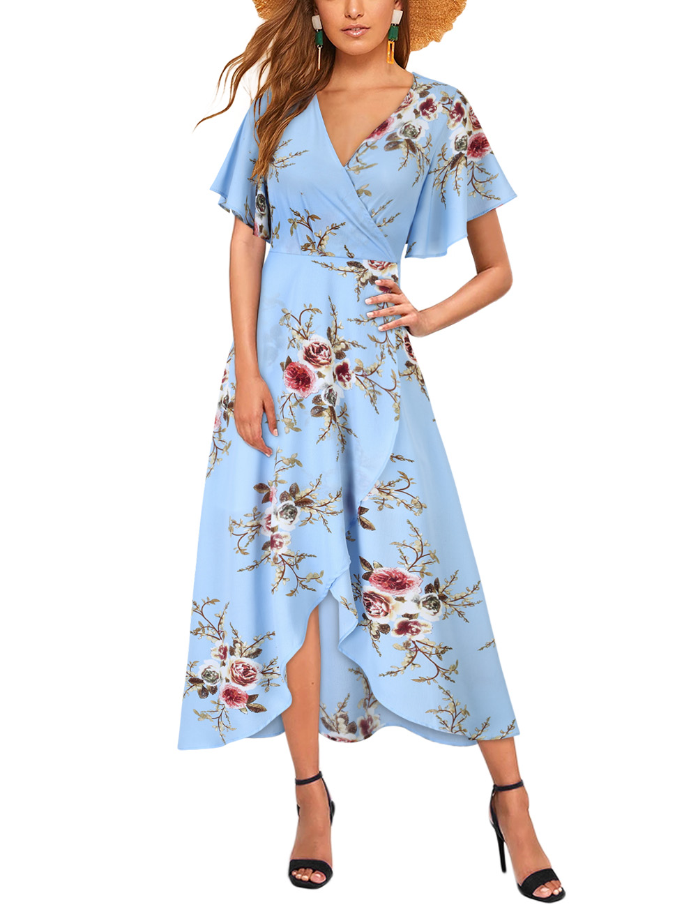 Women Chiffon Dress V-neck Floral Print Short Sleeve Middle Waist Split Maxi Dress