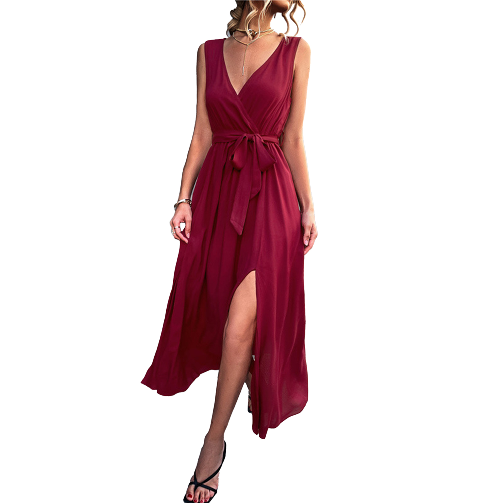 Women Split Thigh Deep V Neck Maxi Dress Waist Fit Sleeveless Solid Color Long Tank Dress For Party Dinner