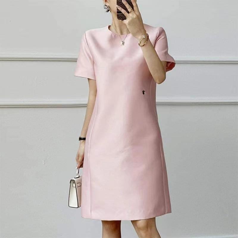 Women Fashion Loose Dress Short Sleeve Round Neck Solid Color Relaxed-fit Mid Length Skirt Pink L