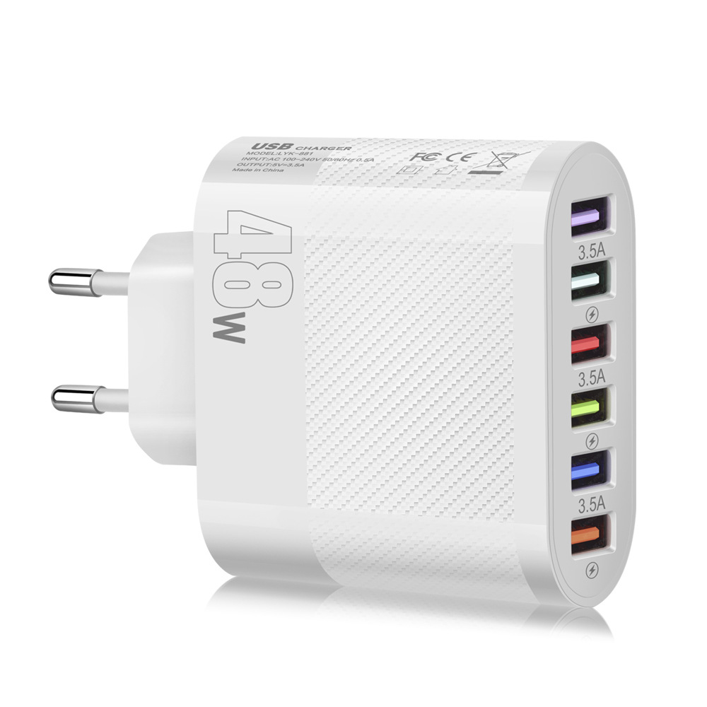 USB Wall Charger 48W 6-Port Fast Charging Block Adapter Plug Compatible For IPhone Android Tablet PC Mobile Phone white EU Plug