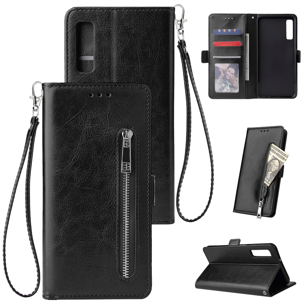 For Samsung A7 2018-A750 Solid Color PU Leather Zipper Wallet Double Buckle Protective Case with Stand & Lanyard black
