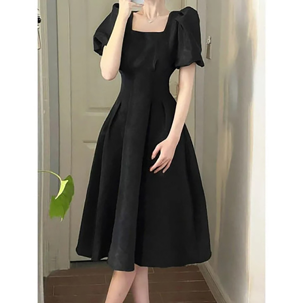 Women Square Collar Short Sleeves Dress Fashion French Style A-line Skirt Elegant Solid Color Long Dress black L