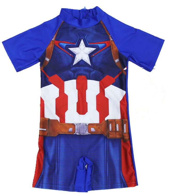 Boys One-piece Swimwear Trendy Cartoon Printing Short Sleeves Round Neck Quick-drying Swimsuit Captain America 3-4year M