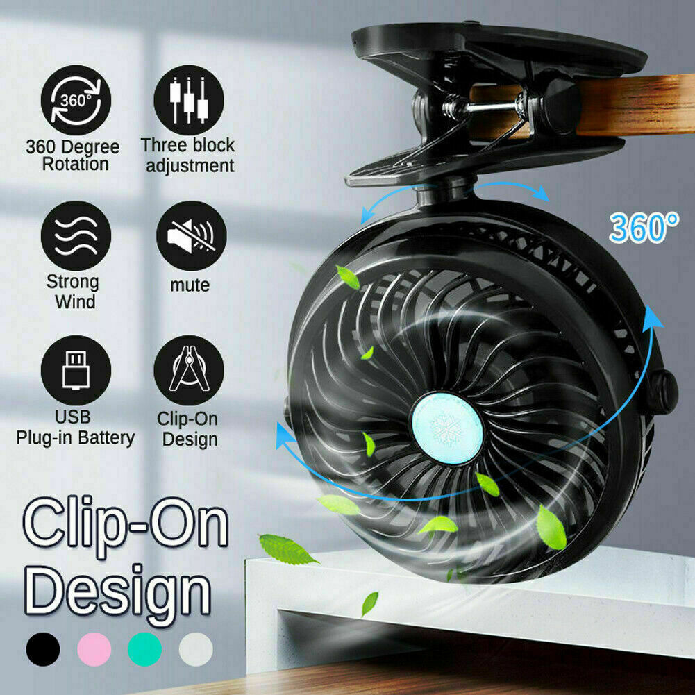 Portable Clip On Electric  Fan 3 Speed Adjustable Mini 360 Degree Rotatable Low Noise Cooling Fan black