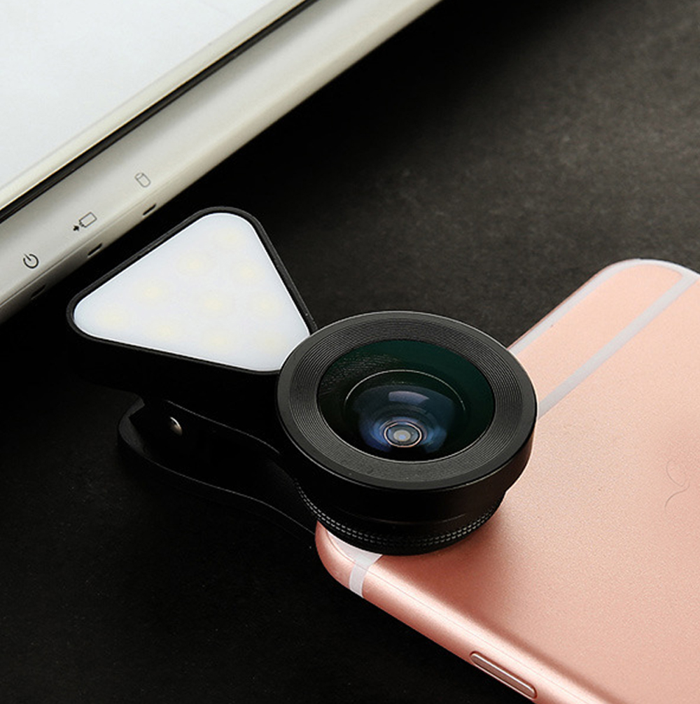 3 in 1 LED Selfie Flash Light Beauty Phone Lens Fill Light 0.4-0.6X Wide Angle 10X Macro Lens black