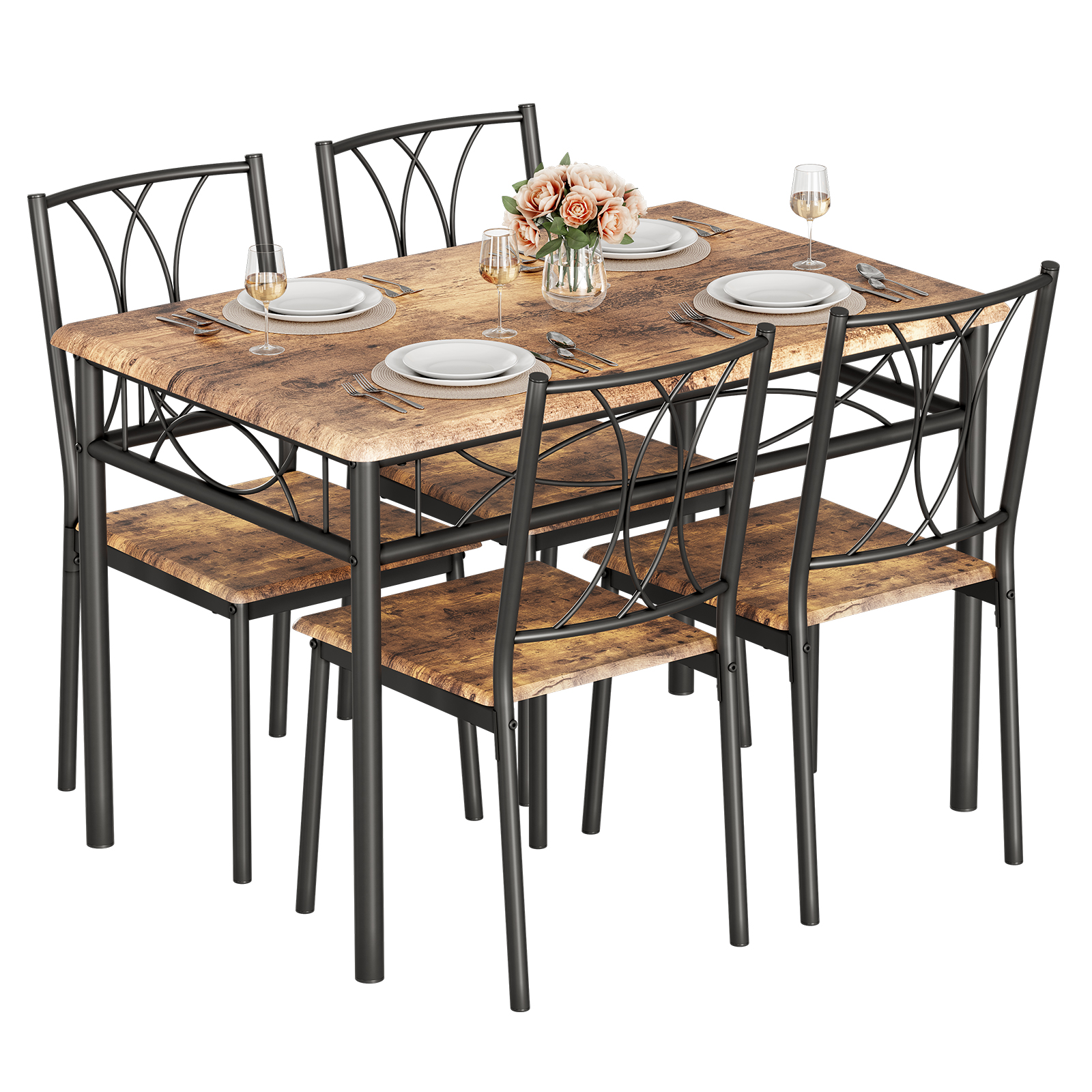 US GARVEE Dining Table Set for 4, Space-Saving Design, Durable MDF Top, Metal Frame, Retro Brown, Ideal for Small Spaces