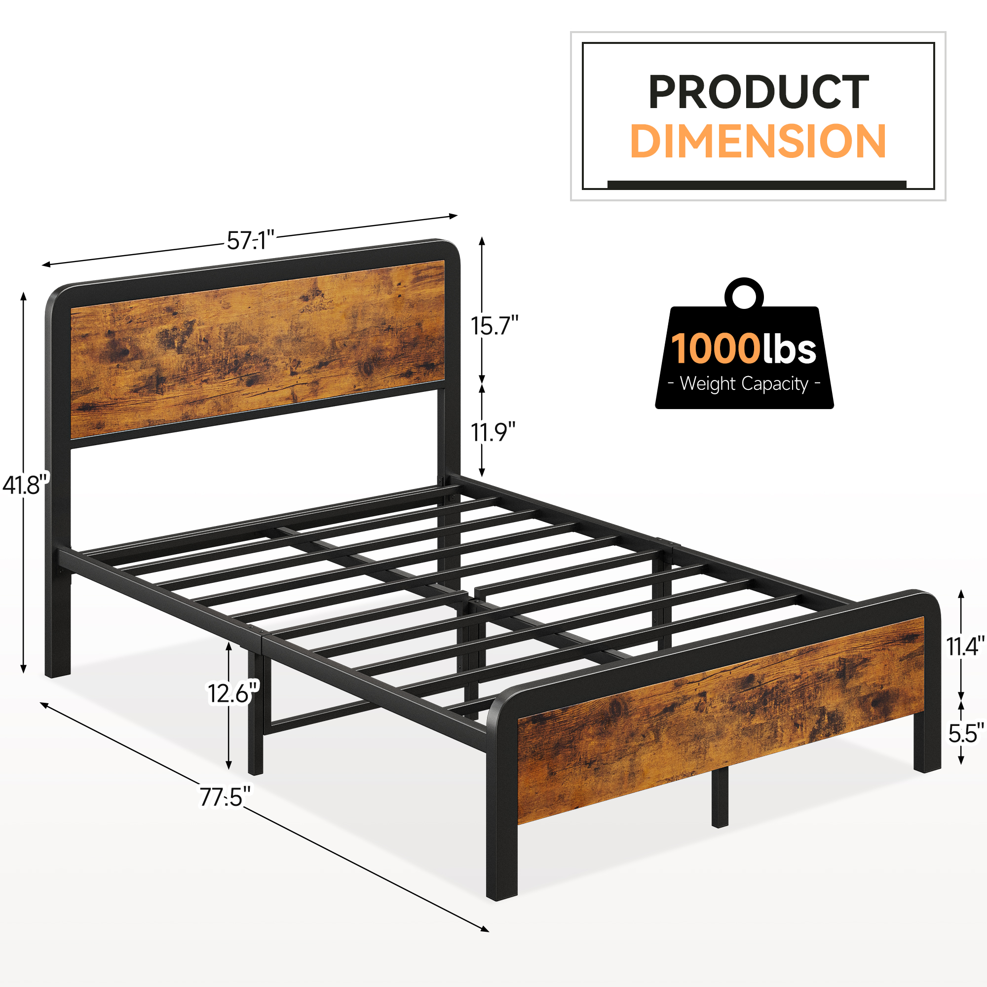 US GARVEE Full Size Bed Frame with Wood Headboard, Metal Platform, Strong Slats, Safe Rounded Corners, Noise Free, Vintage Brown