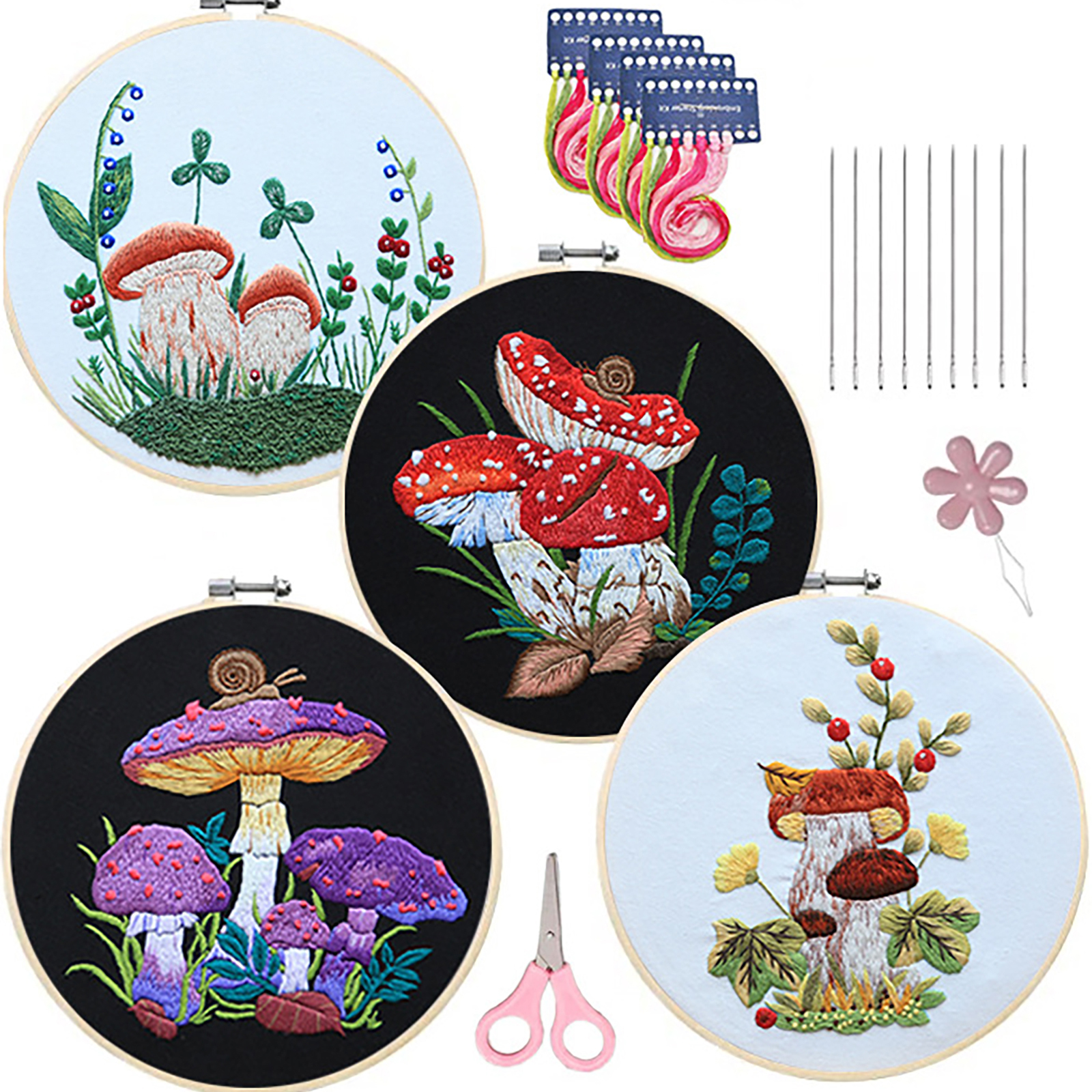 Embroidery Starter Kit With Embroidery Hoops Scissors Needle Threader Colorful Mushrooms Pattern Cross Stitch Starter Kits 4-piece set