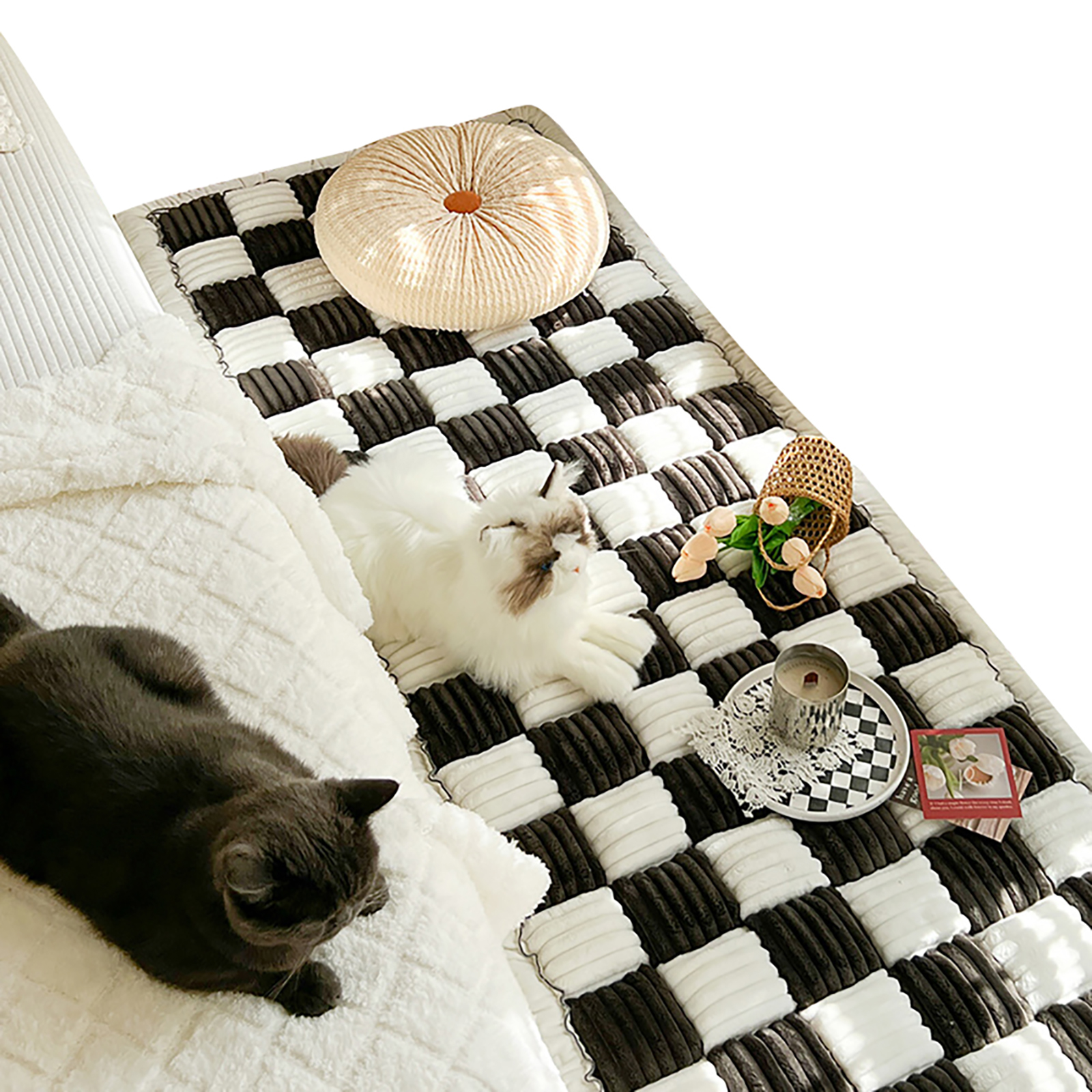 Funny Fuzzy Couch Cover Cream-Coloured Plaid Magic Sofa Protective Cover