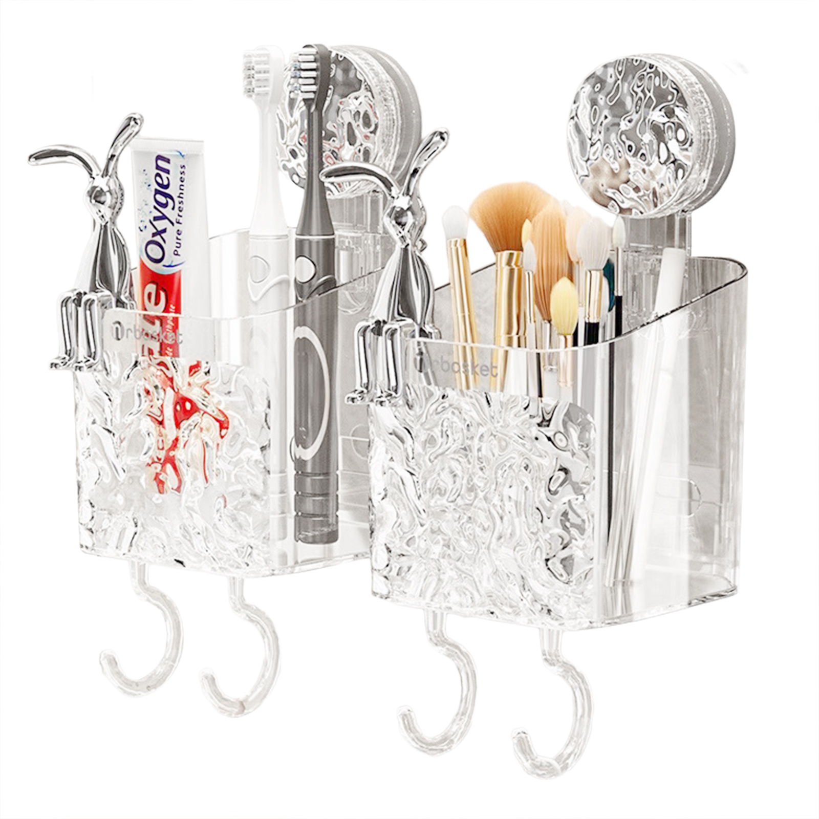 Shower Caddy Suction Cup Clear Bathroom Shower Organizer Light Luxury Style Glacier Pattern Shower Dispenser Soap Organizer No Drilling Adhesive Bathroom Storage Shelves 2 Sitting Rabbit 4 hooks Medium size [pack of 2]