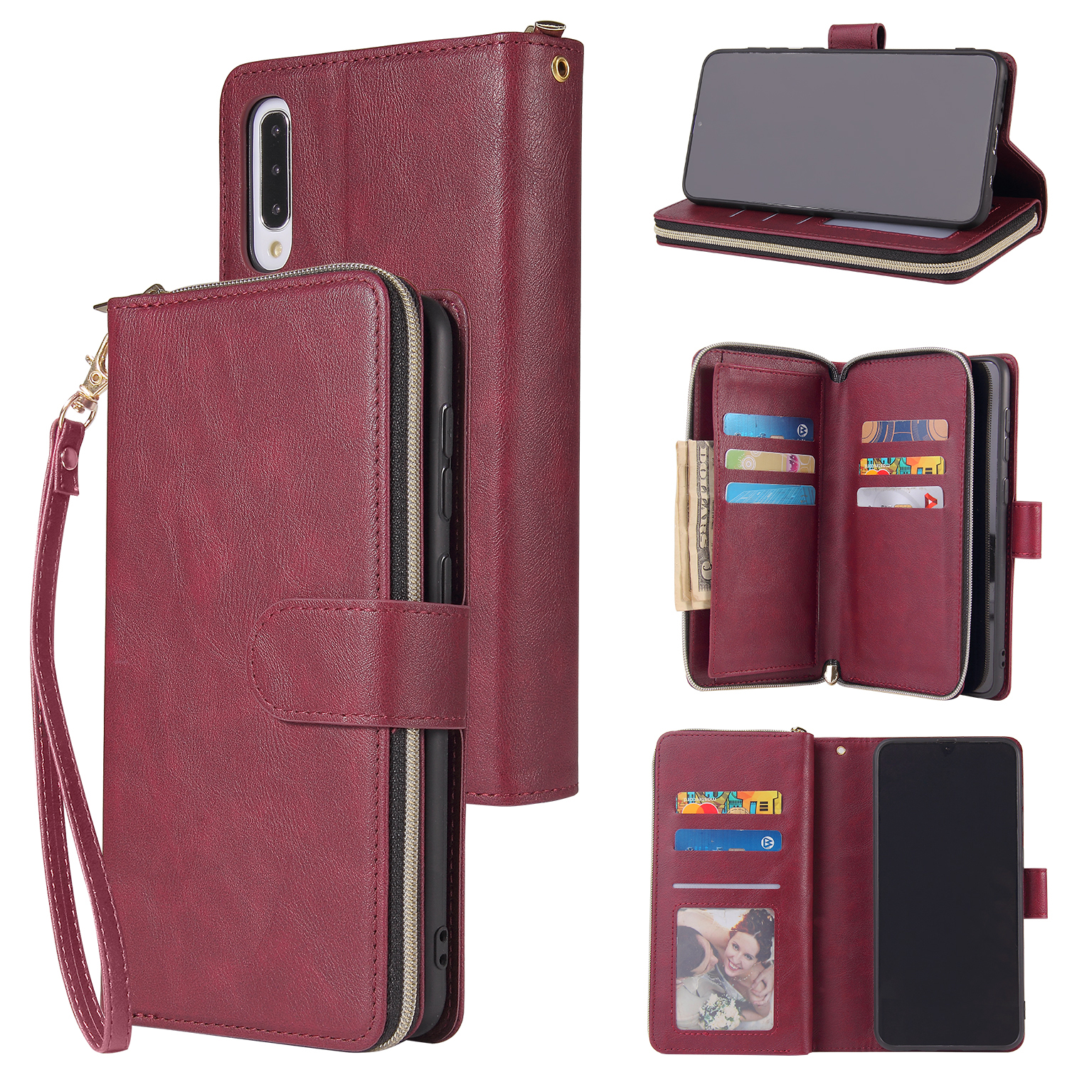 For Samsung A10/A20/A30/A50/A30S/A50S Pu Leather  Mobile Phone Cover Zipper Card Bag + Wrist Strap Red wine