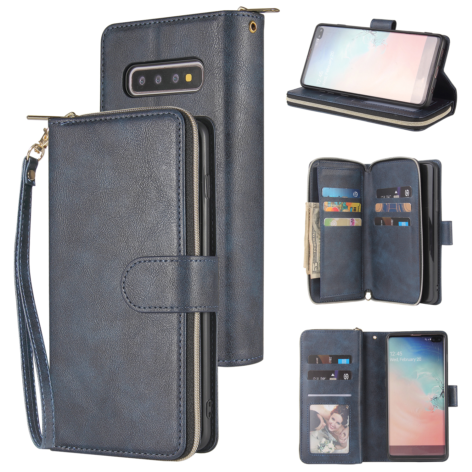 For Samsung S10/S20/S10E/ S10 Plus Pu Leather  Mobile Phone Cover Zipper Card Bag + Wrist Strap blue