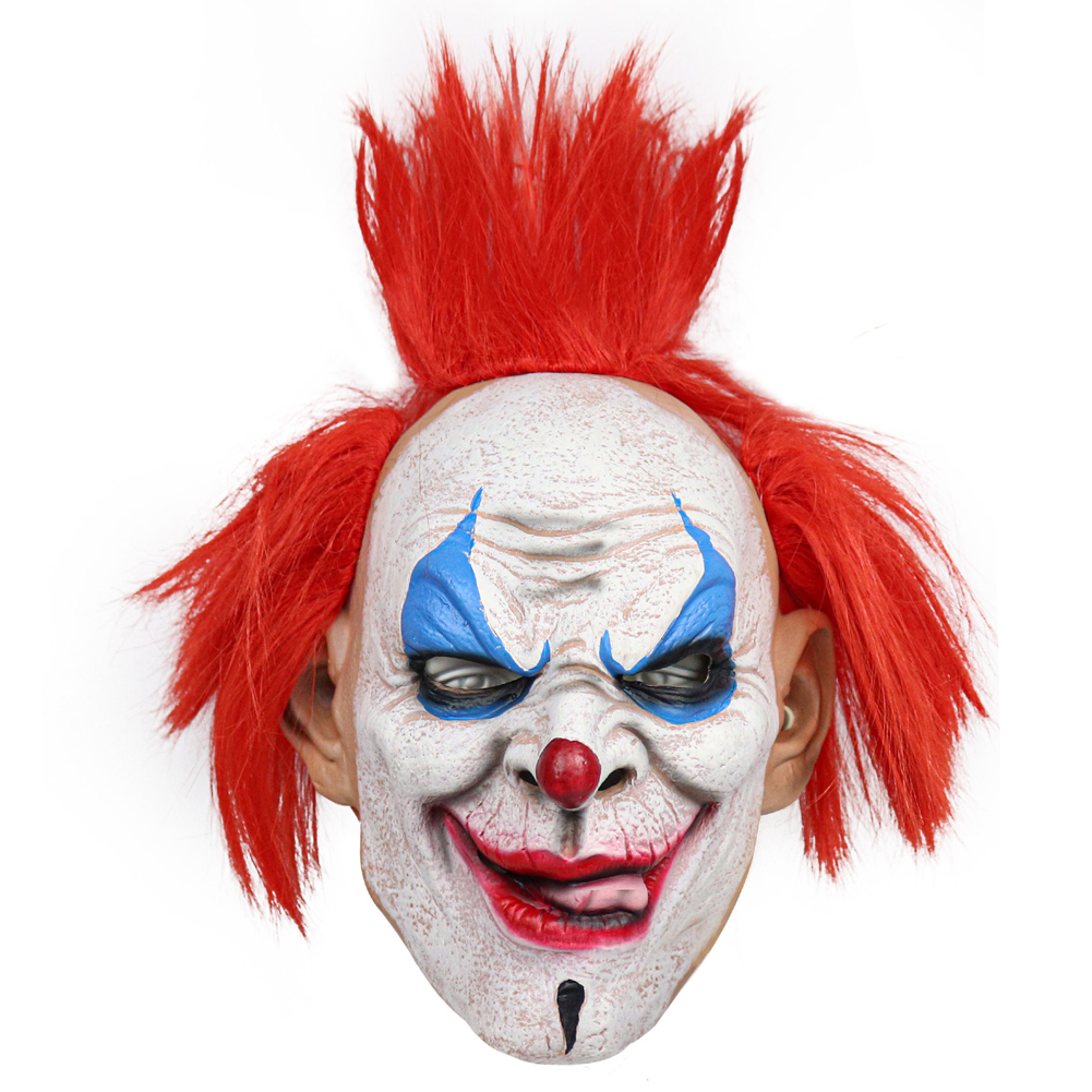 Halloween Makeup Like Pennywise. Street performer clown with a white face.  The look of a man in the guise of IT on a costume cosplay show. Close-up.  Stock Photo