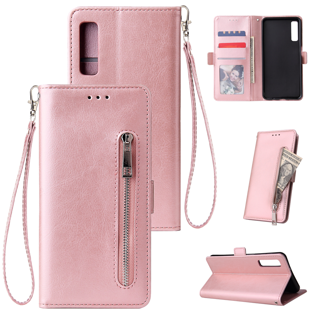 For Samsung A7 2018-A750 Solid Color PU Leather Zipper Wallet Double Buckle Protective Case with Stand & Lanyard Rose gold