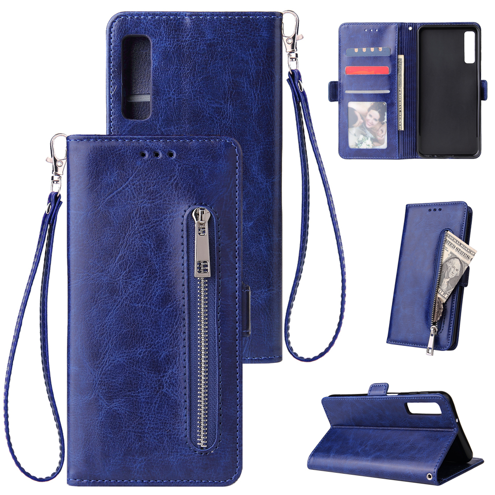 For Samsung A7 2018-A750 Solid Color PU Leather Zipper Wallet Double Buckle Protective Case with Stand & Lanyard blue