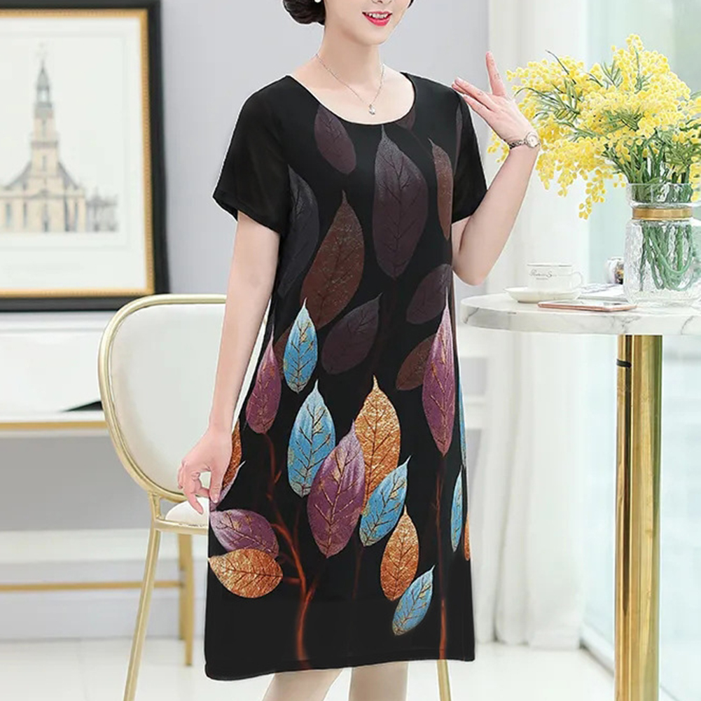 Women Summer Printed Dress Chinese Style Layered Design Round Neck Short Sleeve Loose A-line Dress sky blue 3XL