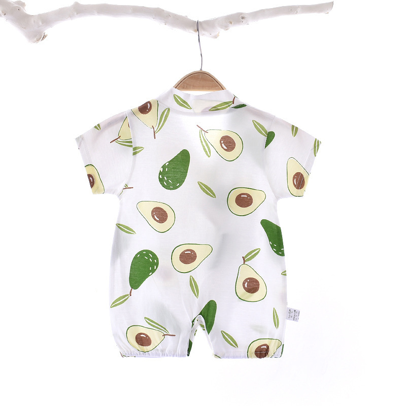 Boys Girls Short Sleeves Romper Summer Cotton Slanted Lace-up Breathable Jumpsuit For 0-3 Years Old Kids avocado 9-12M 66cm