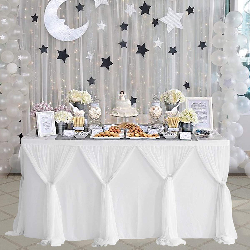 Stripe Style Table Skirt for Round Rectangle Table Baby Showers Birthday Party Wedding Decor white_L9(ft)*H30in