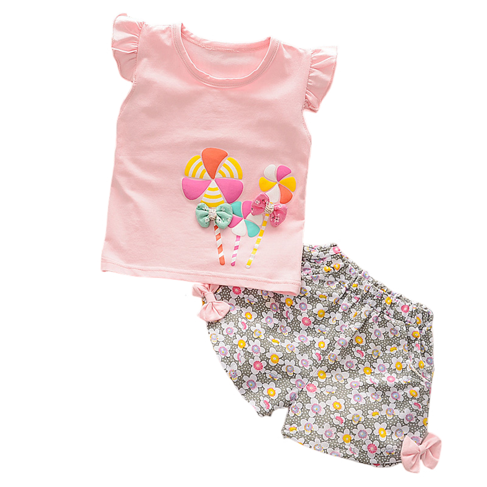 2pcs Cartoon Printing Tank Top Set For Girls Summer Cotton Vest Shorts Two-piece Set small windmill pink 3-4Y 110cm
