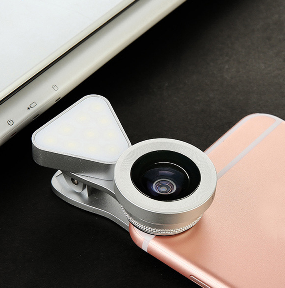 3 in 1 LED Selfie Flash Light Beauty Phone Lens Fill Light 0.4-0.6X Wide Angle 10X Macro Lens Silver