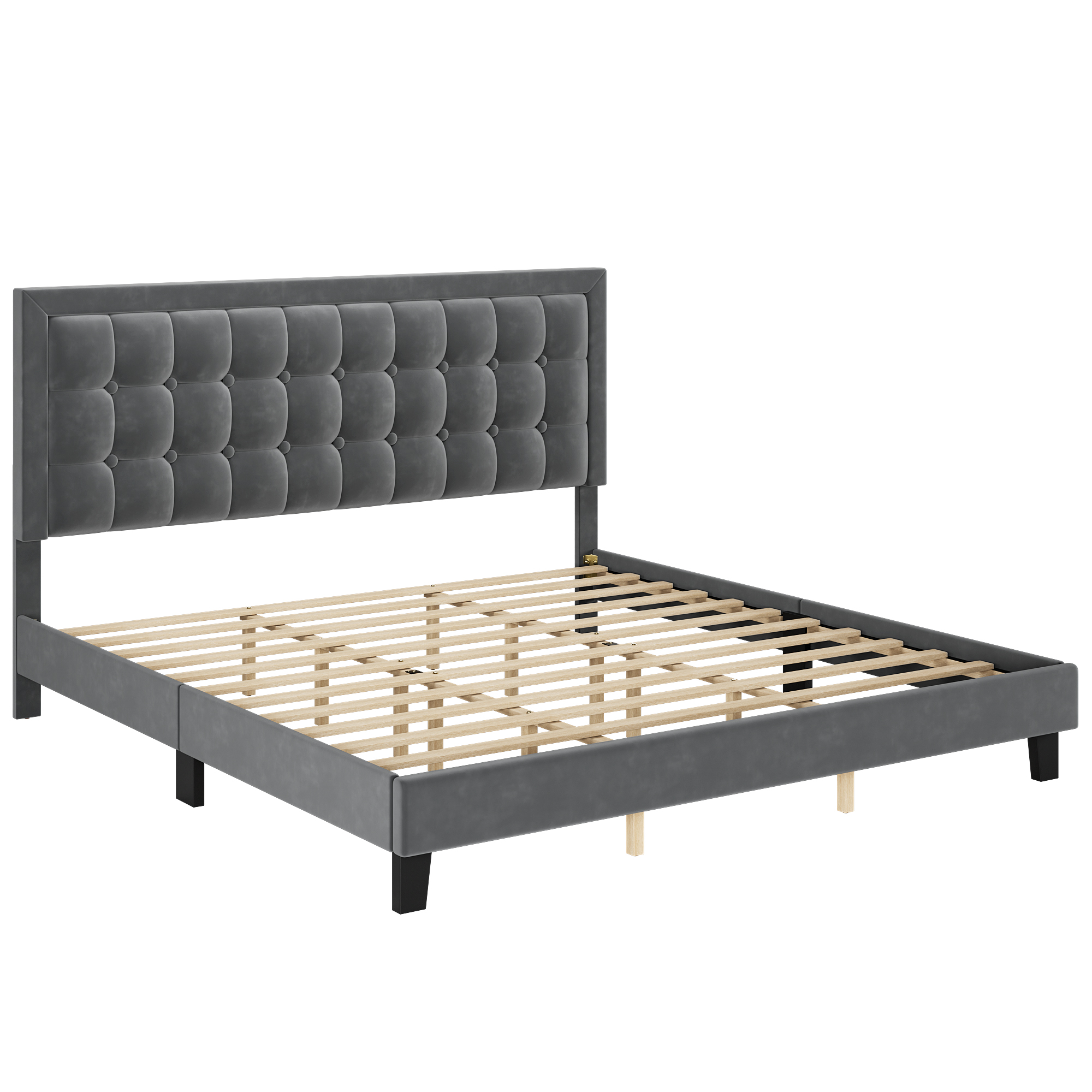 US GARVEE King Size Platform Bed Frame, Upholstered Button Tufted Headboard, Metal Foundation, Wood Slats, Adjustable, Noise-Free, Light Grey