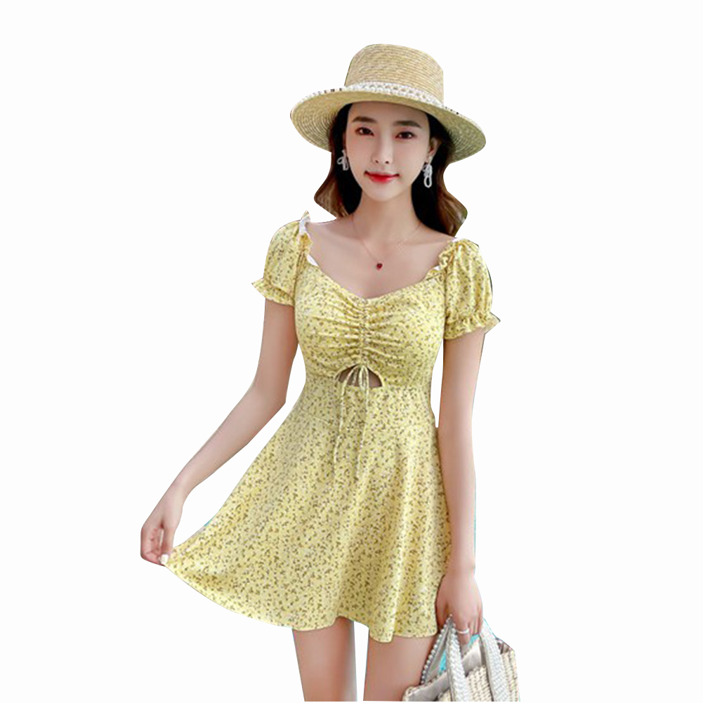 2 Pcs/set Women Swimming Suit Floral Printing One-piece Skirt-style Swimwear+ Shorts yellow_L