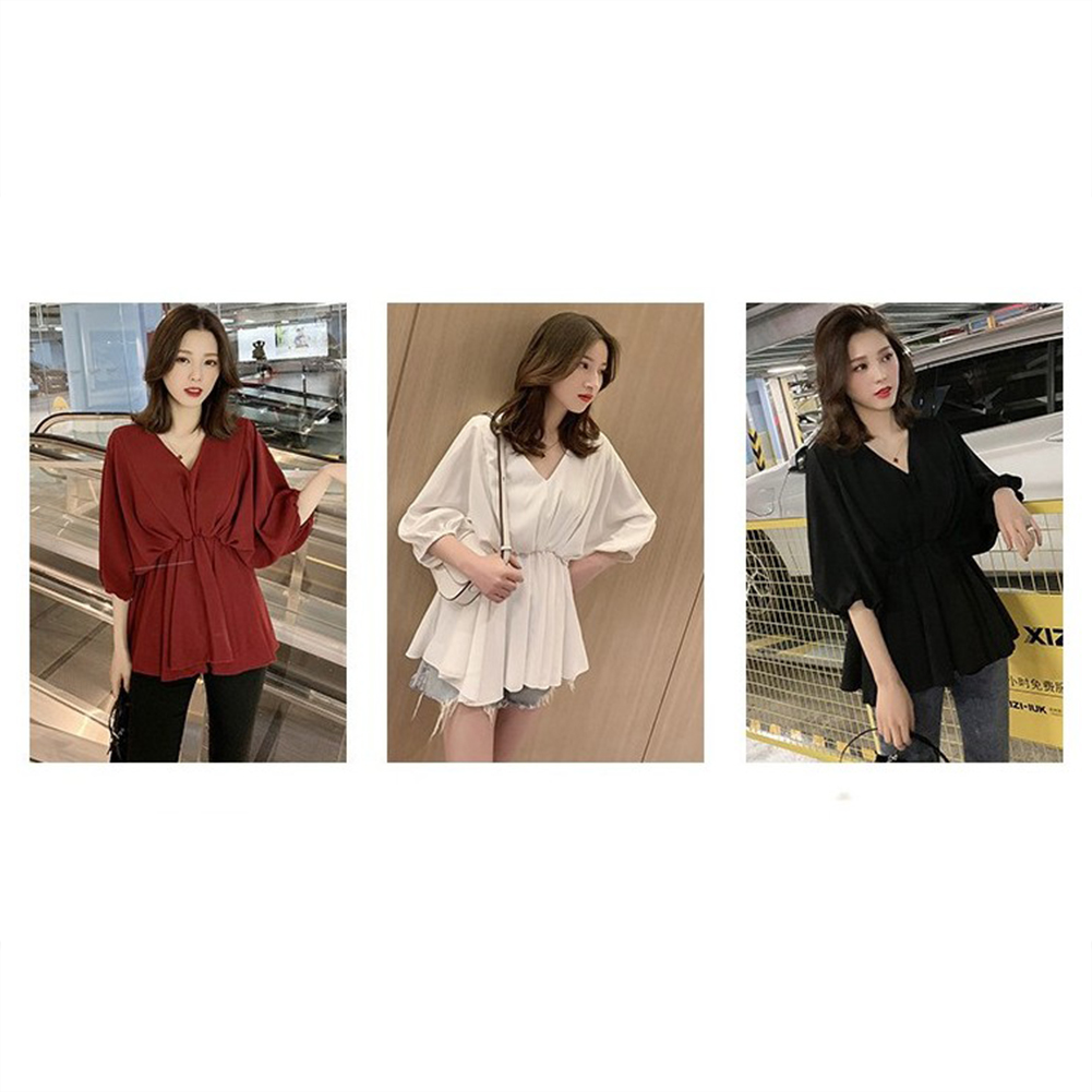 Women Fashion Solid Color Large Size V Collar Tight Waist Chiffon Shirt wine red_XL