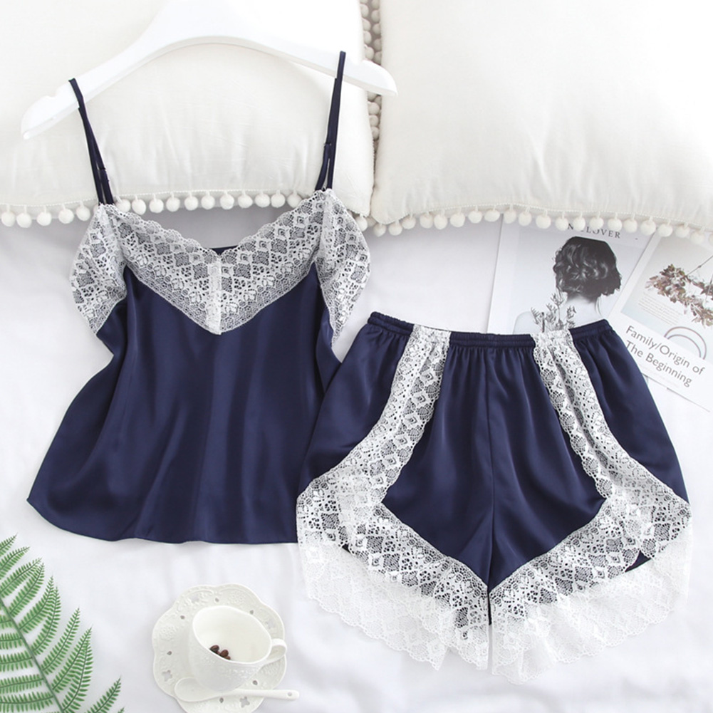 2 pcs/set Women's Sleepwear Sexy Satin Lace V-neck Pyjama Suit Sleeveless Camisole Top + Shorts Navy blue_S