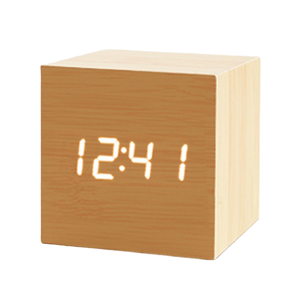 Digital Alarm Clock Wooden Electronic LED Time Display Silence Voice Control Multifunctional Smart Alarm Clock With Adjustable Brightness Electronic Desktop Clocks
