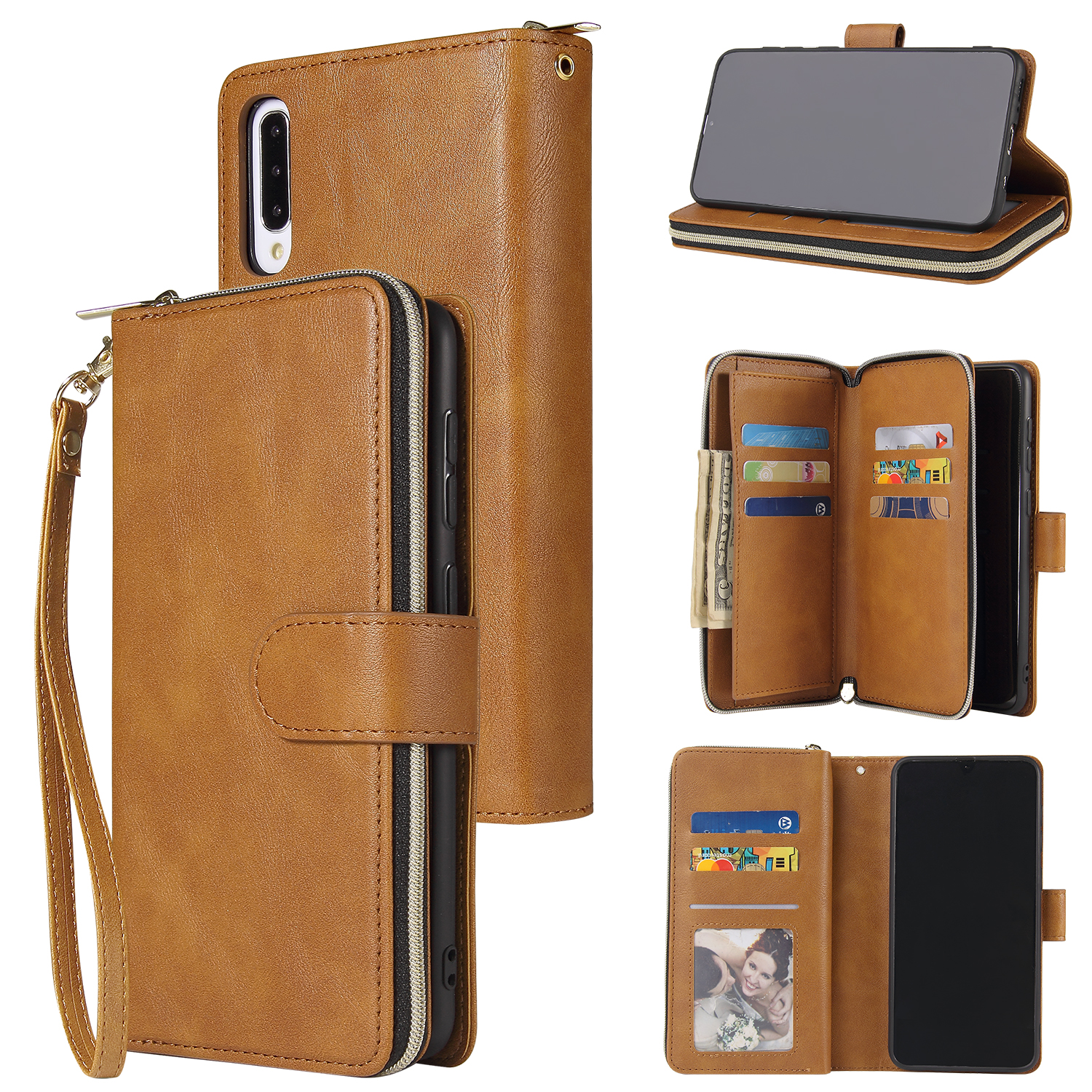 For Samsung A10/A20/A30/A50/A30S/A50S Pu Leather Mobile Phone Cover Zipper Card Bag + Wrist Strap brown