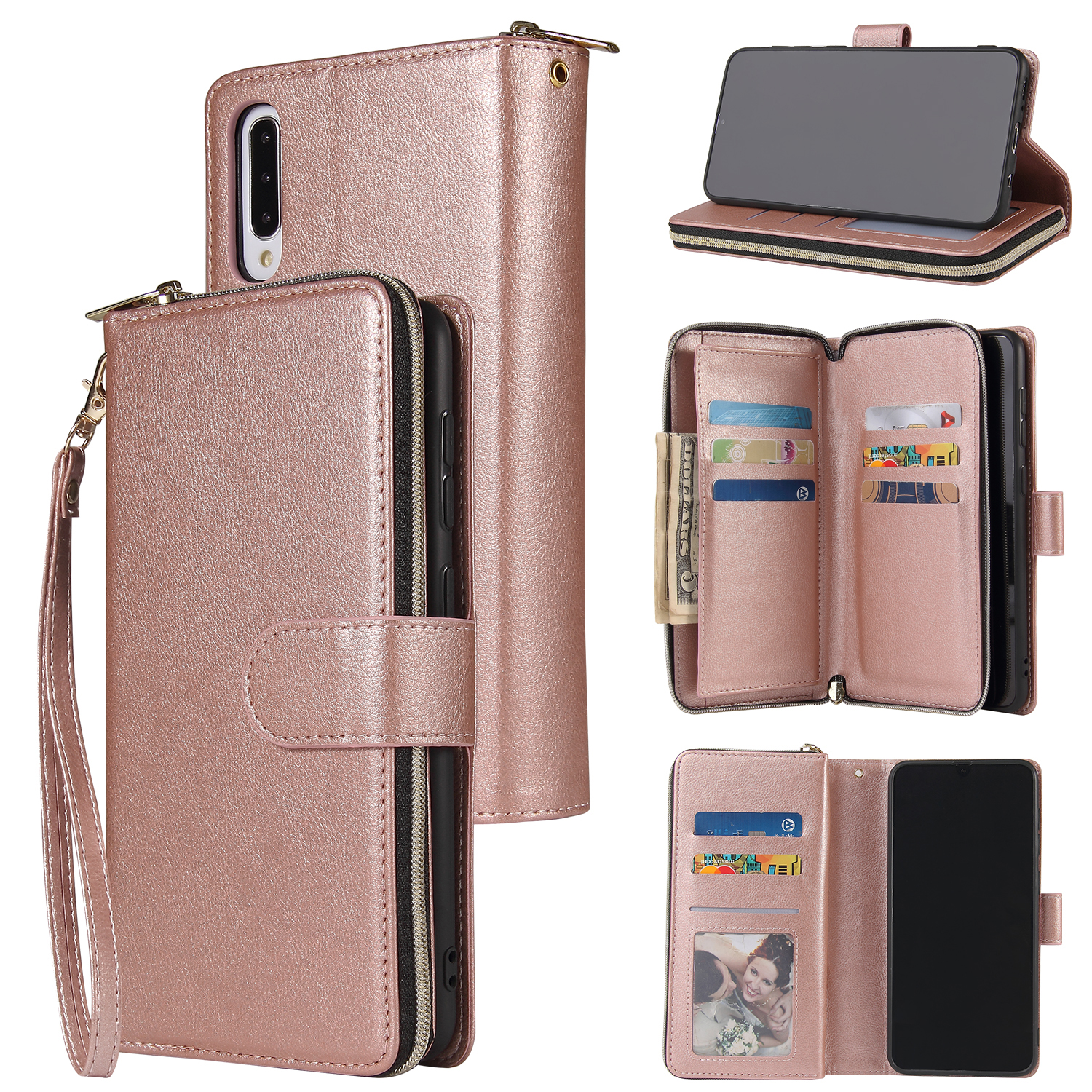 For Samsung A10/A20/A30/A50/A30S/A50S Pu Leather  Mobile Phone Cover Zipper Card Bag + Wrist Strap Rose gold