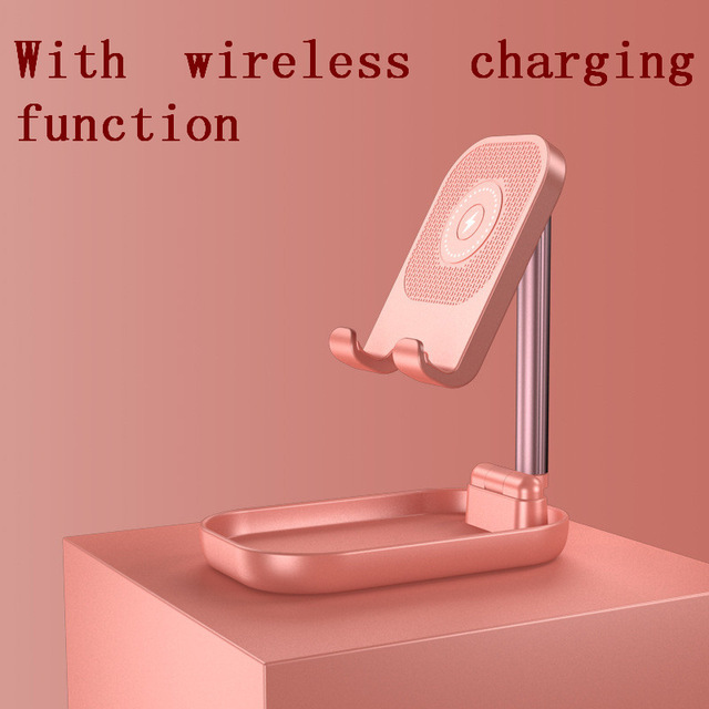 Adjustable Desk Phone Stand 10W Fast Wireless Charge Holder Plastic Retractable Portable Lazy Bracket For IPhone IPad Pink