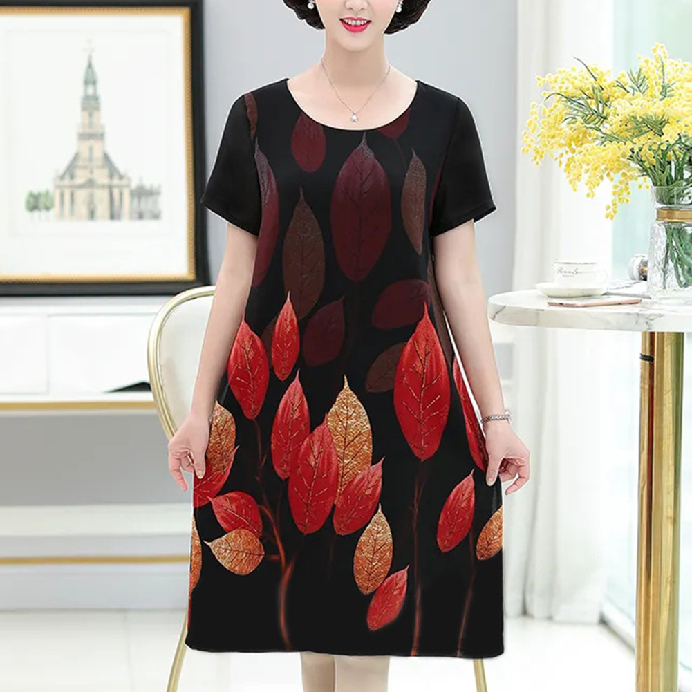 Women Summer Printed Dress Chinese Style Layered Design Round Neck Short Sleeve Loose A-line Dress red L