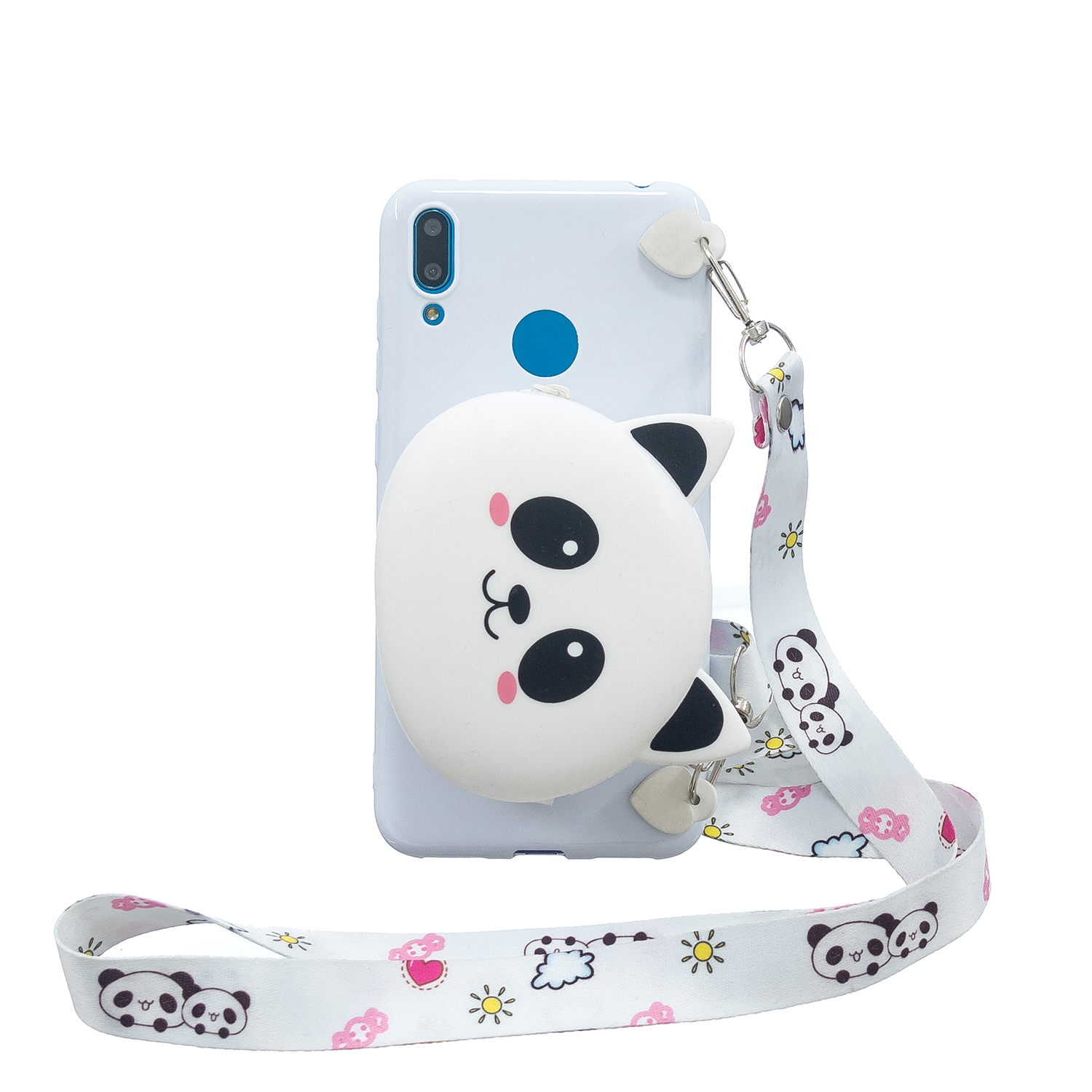 For HUAWEI Y6/Y7 Prime 2019 Cellphone Case Mobile Phone Shell Shockproof TPU Cover with Cartoon Cat Pig Panda Coin Purse Lovely Shoulder Starp  White