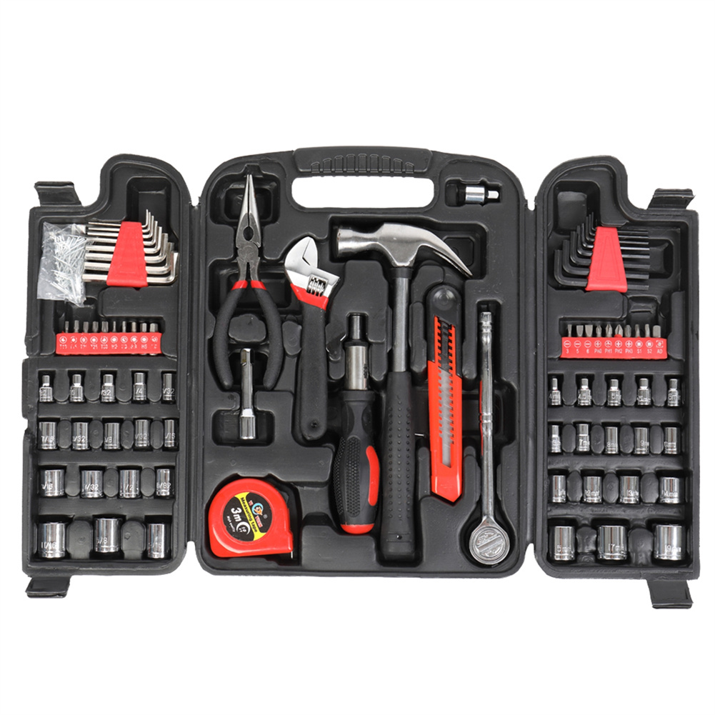 [US Direct] 186pcs Tool Set Carbon Steel Essential Kit Ideal Home Tool Set With Solid Storage Box For Repairing black red