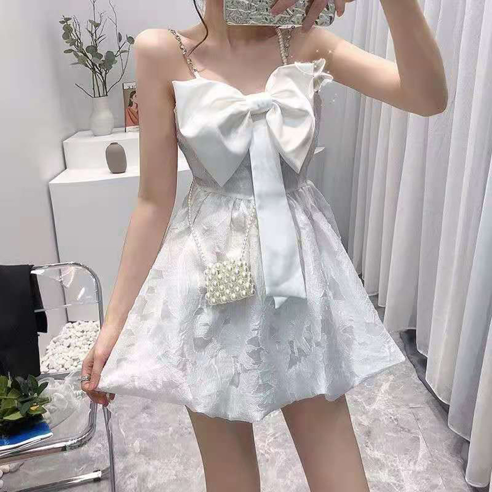 Women Girls Summer Sweet Dress Bow Design Sleeveless High Waist Dating Cute Fashion Ball Gown Princess Dress white XL
